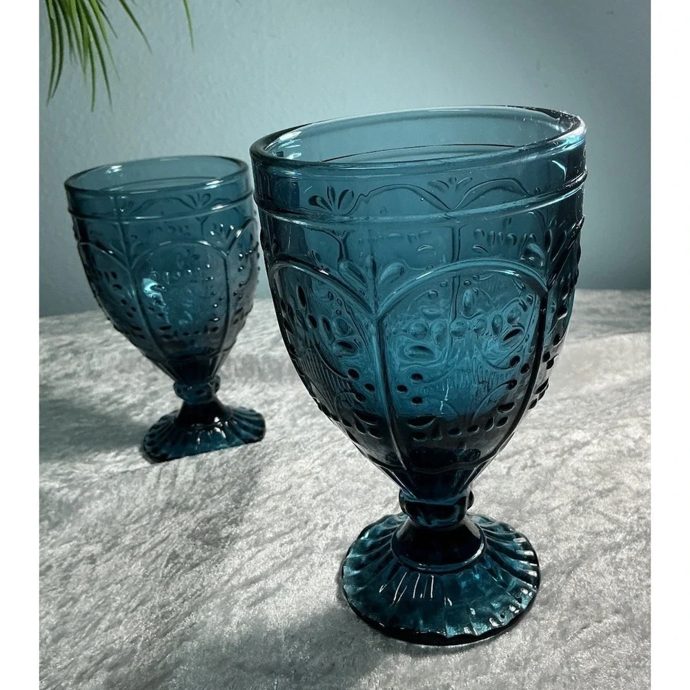 Vintage 2 Indiana Glass Tiara Bicentennial Blue Footed Water Goblets